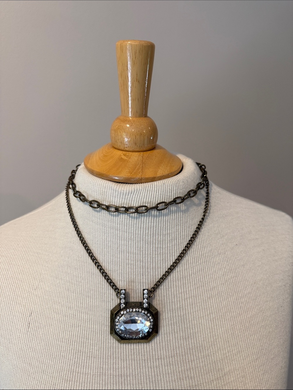 Gunmetal Layered Necklace with Clear Crystal Pendant